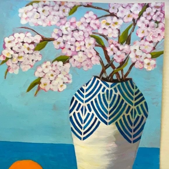 Cherry Blossoms  Oranges and Ocean Views Acrylic Painting for Coastal Charm - Picture 6 of 8